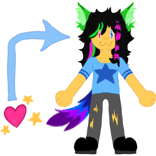 a blue arrow pointing from a pink heart surrounded by golden stars to a yellow person with green wolf ears, a purple and blue tail, black hair with green and pink scene highlights, torn up grey jeans, and a light blue shirt with a blue star on it.